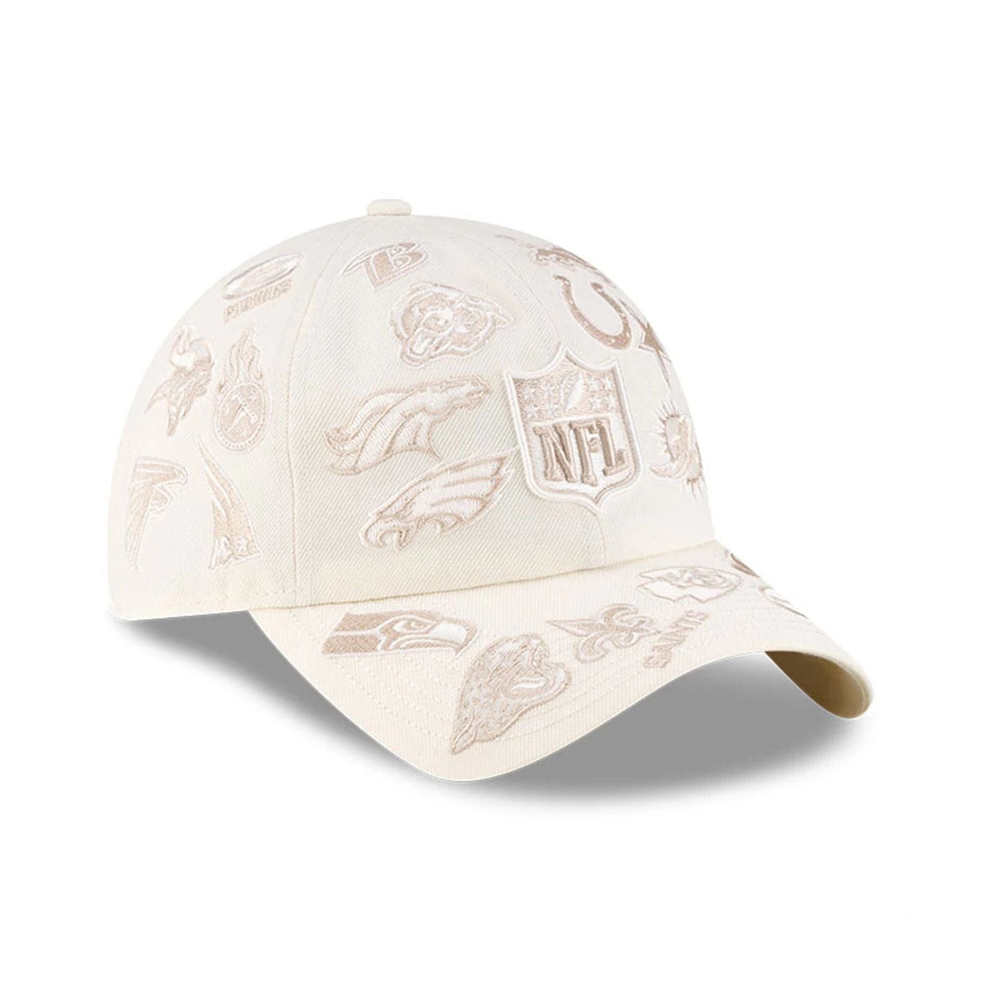 Pictured is this NFL X Bad Bunny All Over Logos Casual Classic cap in cream. 3
