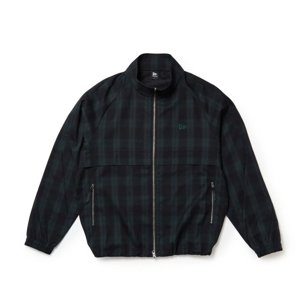 The model is wearing this New Era Blouson Plaid Windbreaker Jacket in Navy. 7