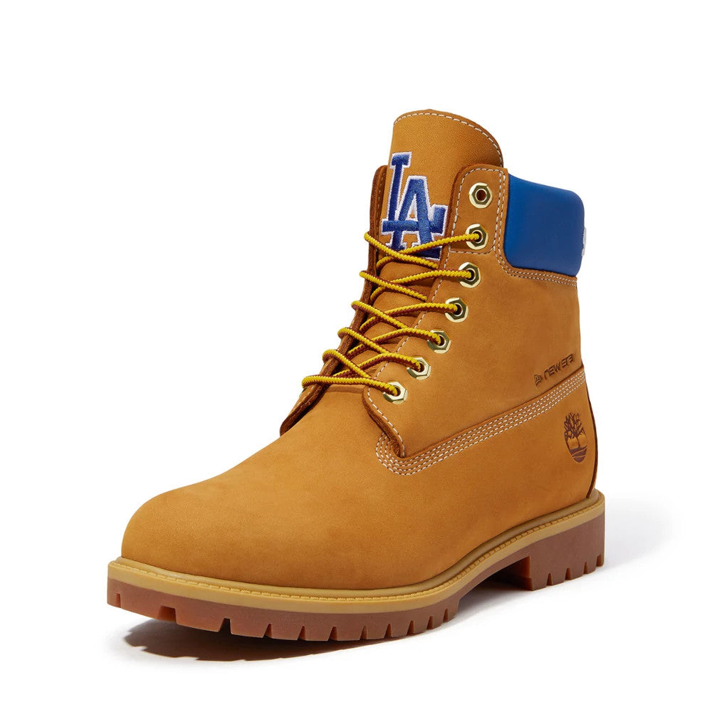 Pictured are these Timberland X New Era LA Dodgers Premium Waterproof 6-Inch Boots in Panama Tan. 2