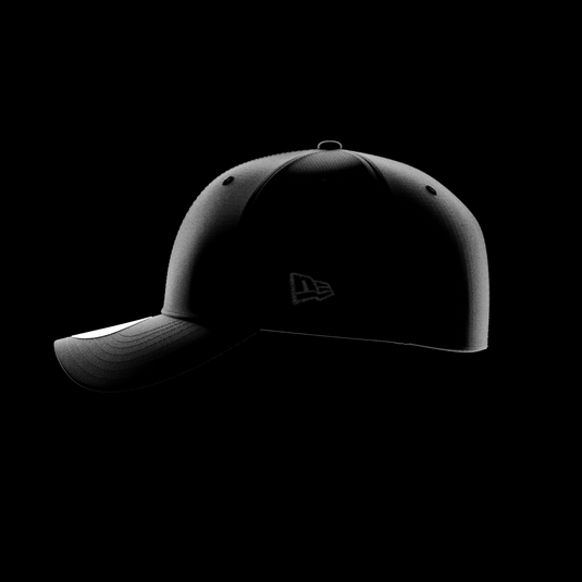 A black 39THIRTY cap shown in side profile against a solid black background, featuring a subtle tonal New Era Flag on the side and a structured curved brim.