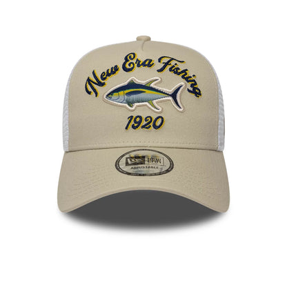 Pictured is this New Era Fishing 9FORTY A-Frame Trucker Adjustable cap in light beige. 2