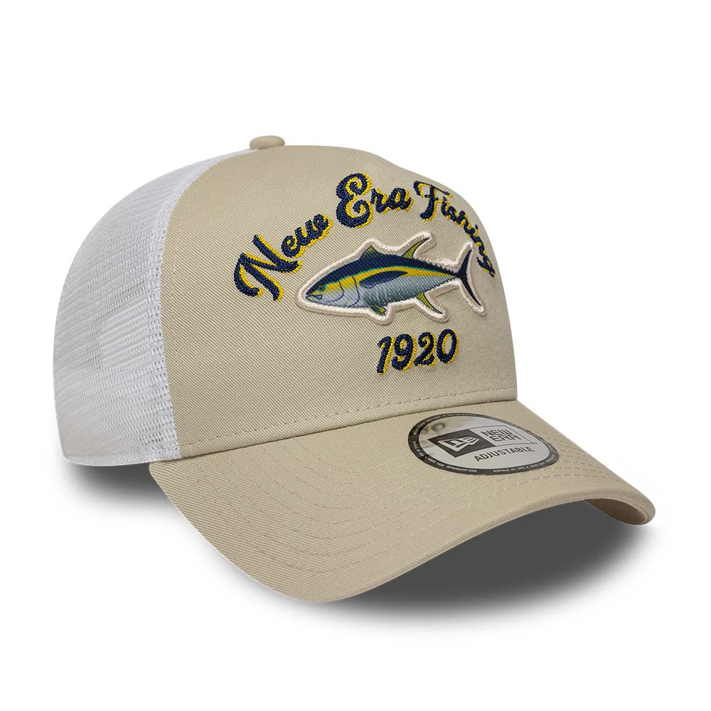 New Era Fishing Light Beige New Era 9FORTY A-Frame Trucker Adjustable Cap, three-quarter view showing a raised embroidered fish logo with "New Era Fishing 1920" text on the front panel, with a grey undervisor and a 9FORTY size sticker on the visor.