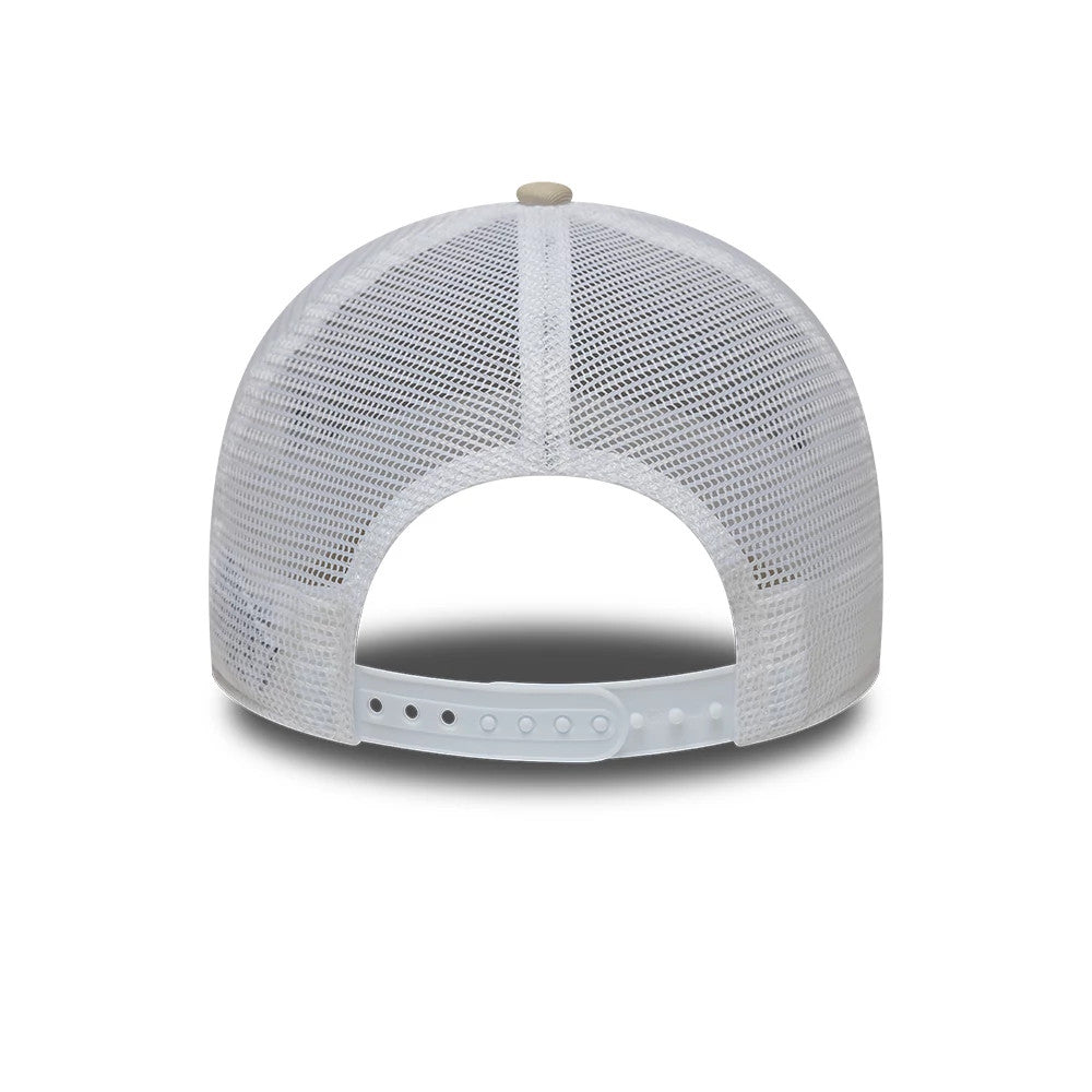 New Era Fishing Light Beige 9FORTY A-Frame Trucker Adjustable Cap, rear view showing the light beige mesh back panels and a light adjustable strap, with a light top button centred on the crown.