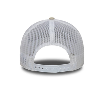 New Era Fishing Light Beige 9FORTY A-Frame Trucker Adjustable Cap, rear view showing the light beige mesh back panels and a light adjustable strap, with a light top button centred on the crown.