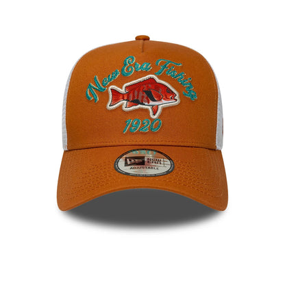 Pictured is this New Era Fishing 9FORTY A-Frame Trucker Adjustable cap in orange. 2