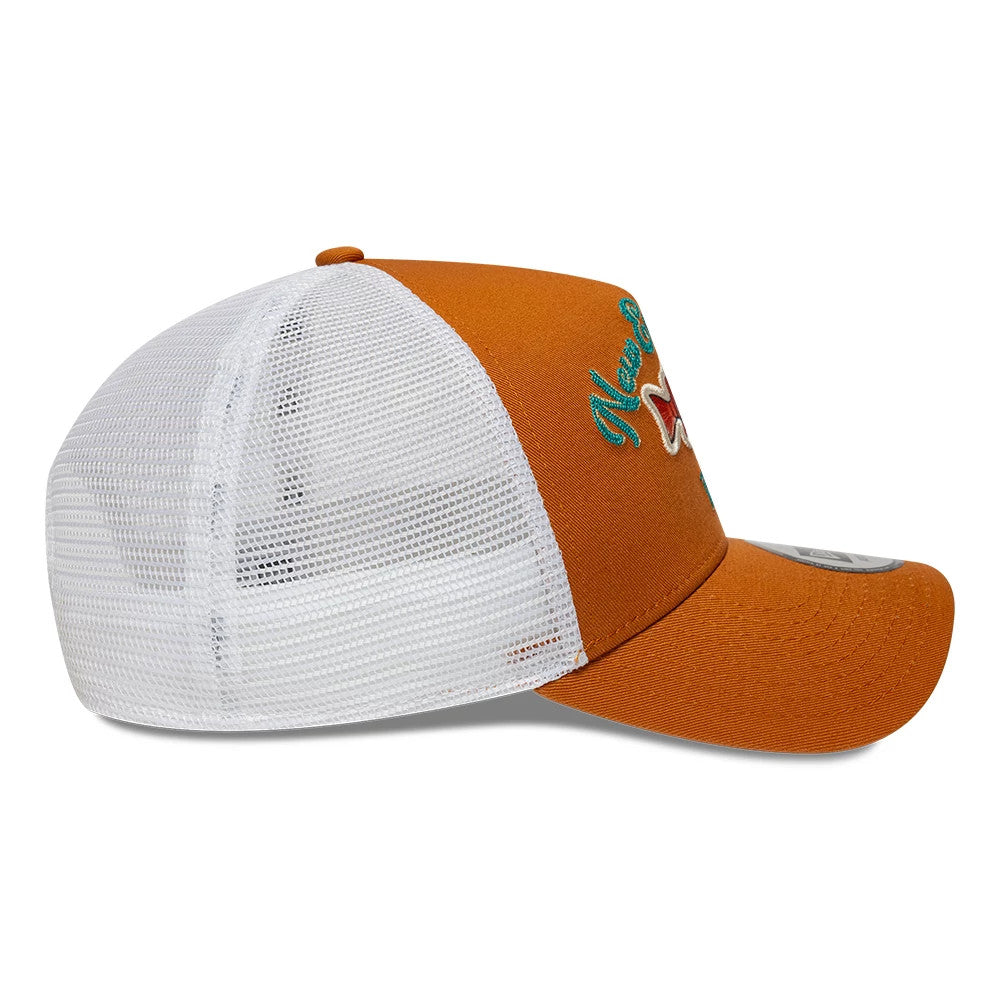 Pictured is this New Era Fishing 9FORTY A-Frame Trucker Adjustable cap in orange. 5