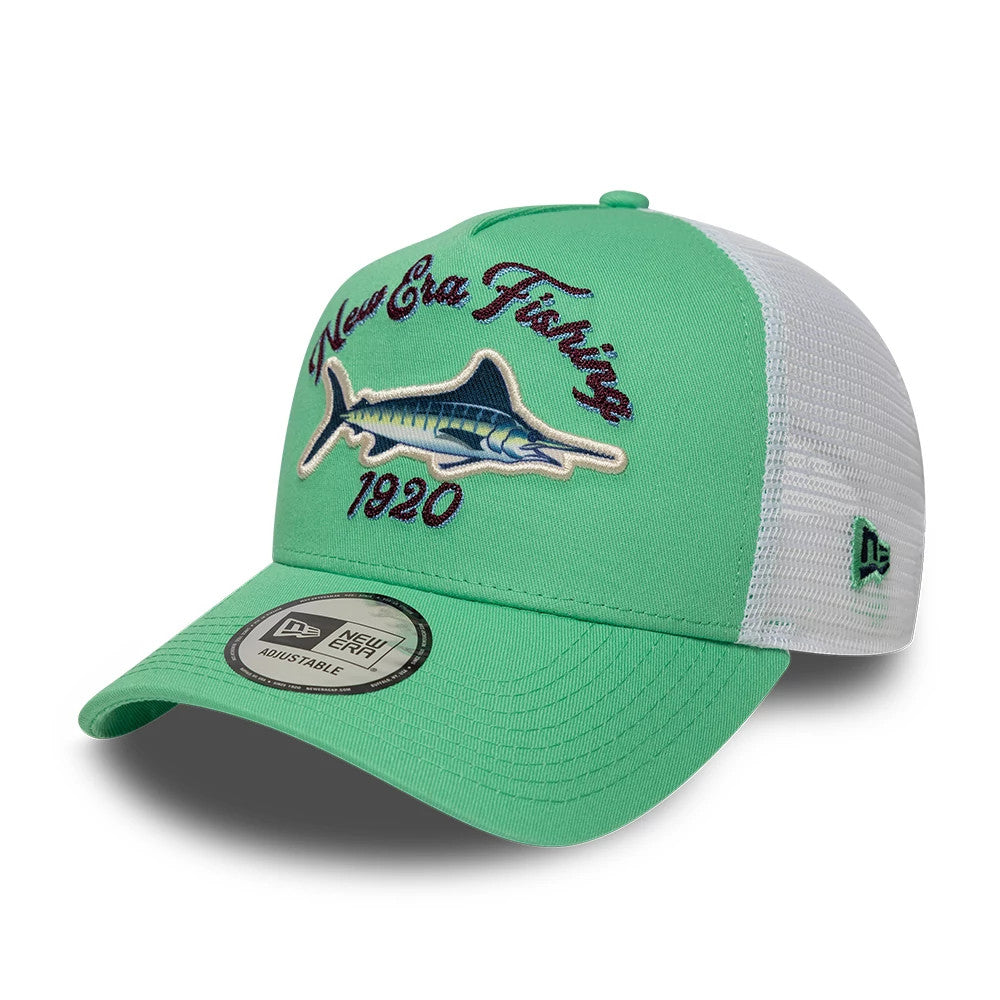 Pictured is this New Era Fishing 9FORTY A-Frame Trucker Adjustable cap in open green. 1