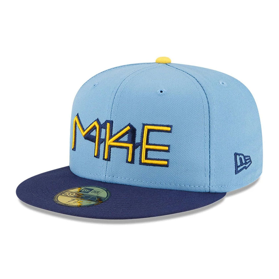 This is a Milwaukee Brewers MLB City Connect 2025 Blue 59FIFTY Fitted Cap 1