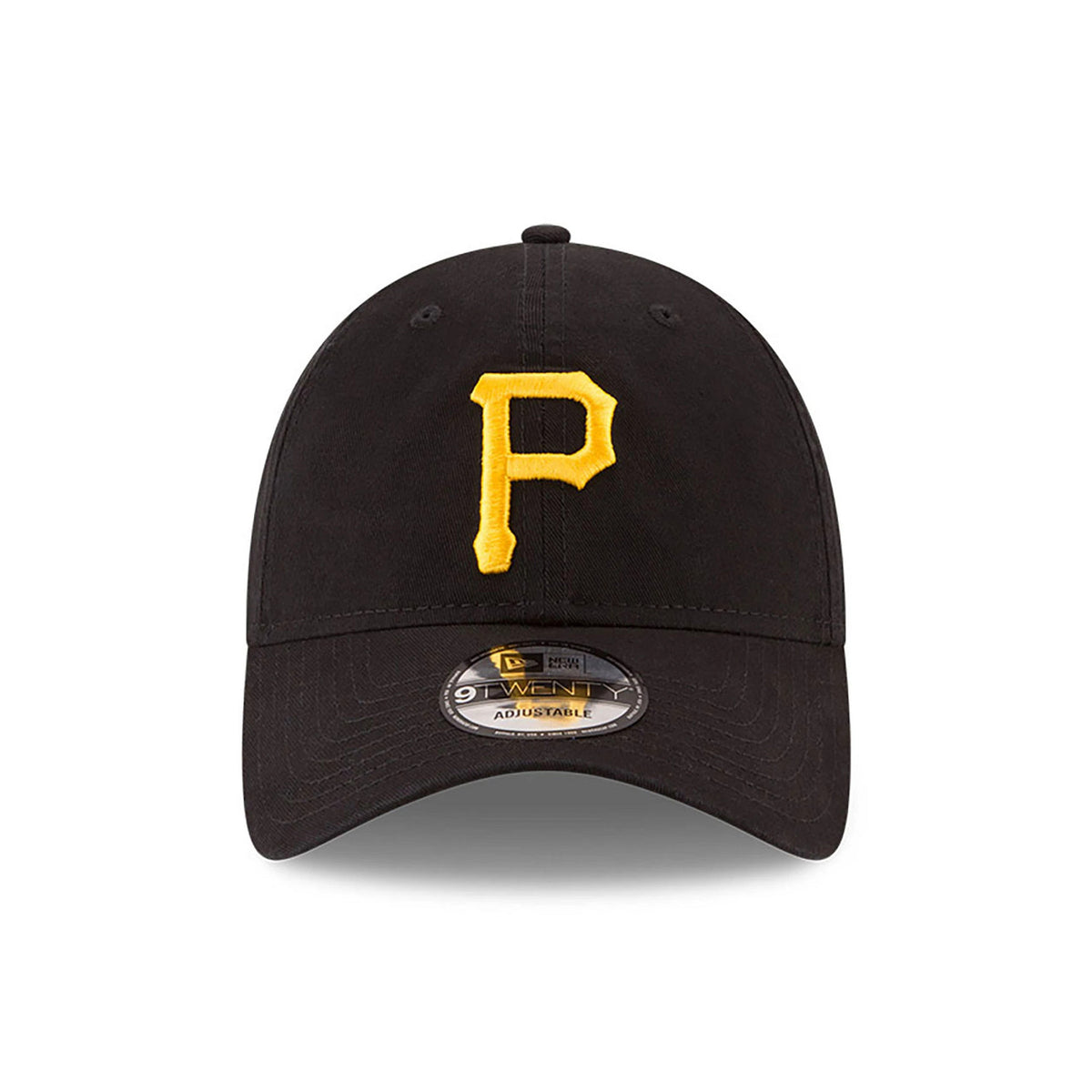 Pittsburgh Pirates MLB Core Classic Black New Era 9TWENTY Adjustable Cap, front view showing a raised gold embroidered P logo on the black front panel, with a 9TWENTY size sticker on the curved black visor.