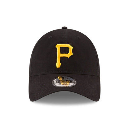 Pittsburgh Pirates MLB Core Classic Black New Era 9TWENTY Adjustable Cap, front view showing a raised gold embroidered P logo on the black front panel, with a 9TWENTY size sticker on the curved black visor.