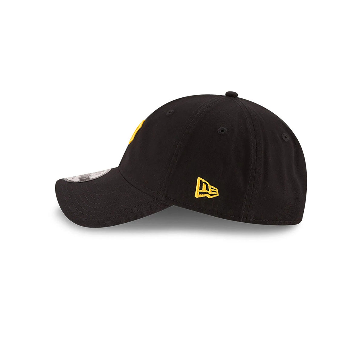 Pittsburgh Pirates MLB Core Classic Black New Era 9TWENTY Adjustable Cap, side view showing the yellow New Era flag logo on the left side and a curved visor with the 9TWENTY size sticker on top.