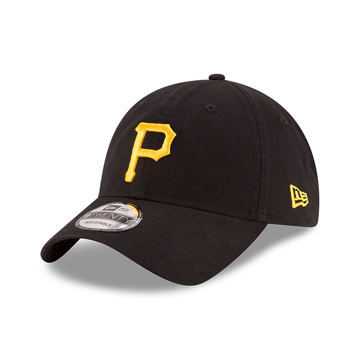 Pittsburgh Pirates MLB Core Classic Black New Era 9TWENTY Adjustable Cap, front view showing the yellow P logo in raised embroidery on the black crown, with an embroidered New Era flag logo on the left side and 9TWENTY size sticker on the visor.