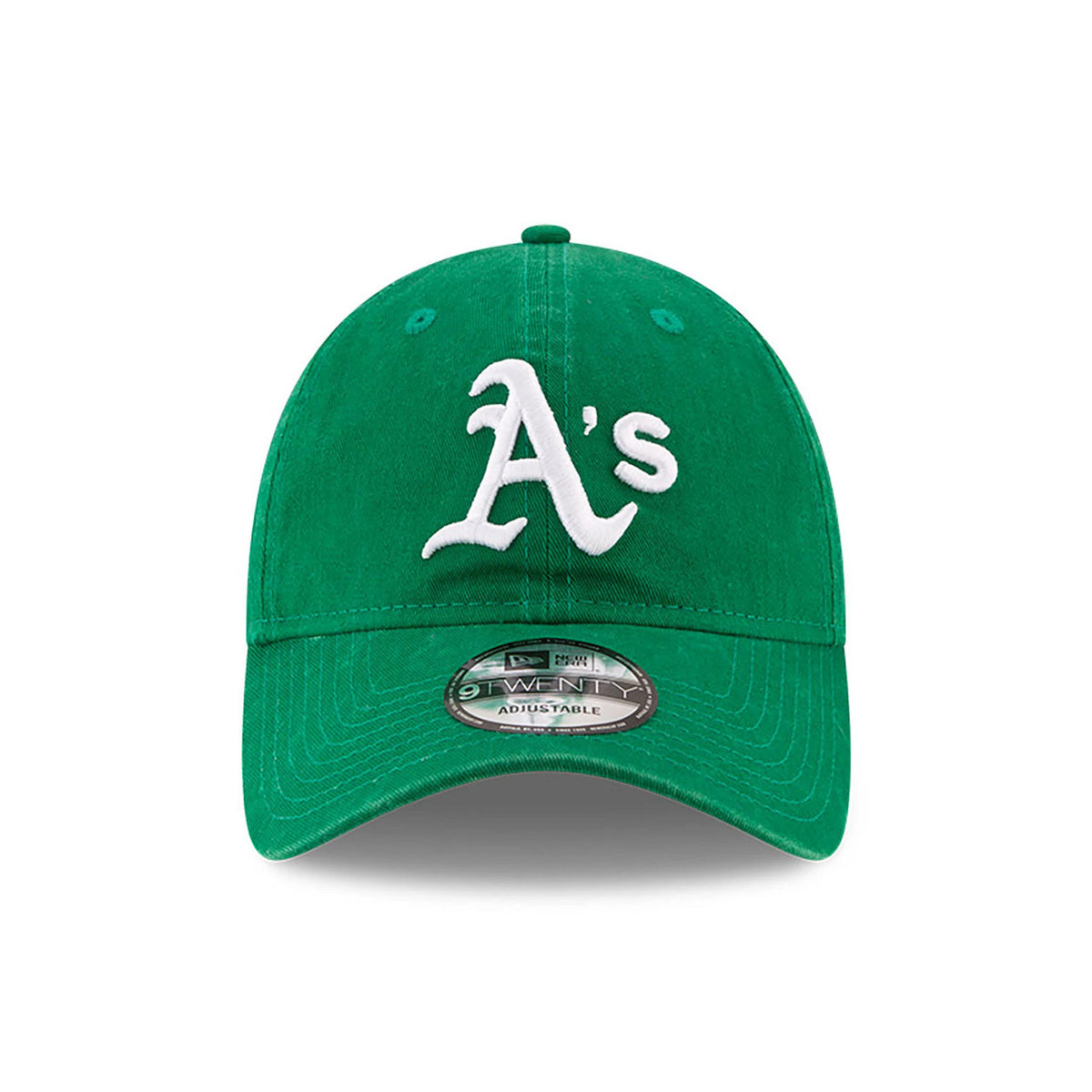 Athletics MLB Core Classic Green New Era 9TWENTY Adjustable Cap, front view showing the white A's logo in raised embroidery on the structured green crown, with a 9TWENTY size sticker on the curved visor.
