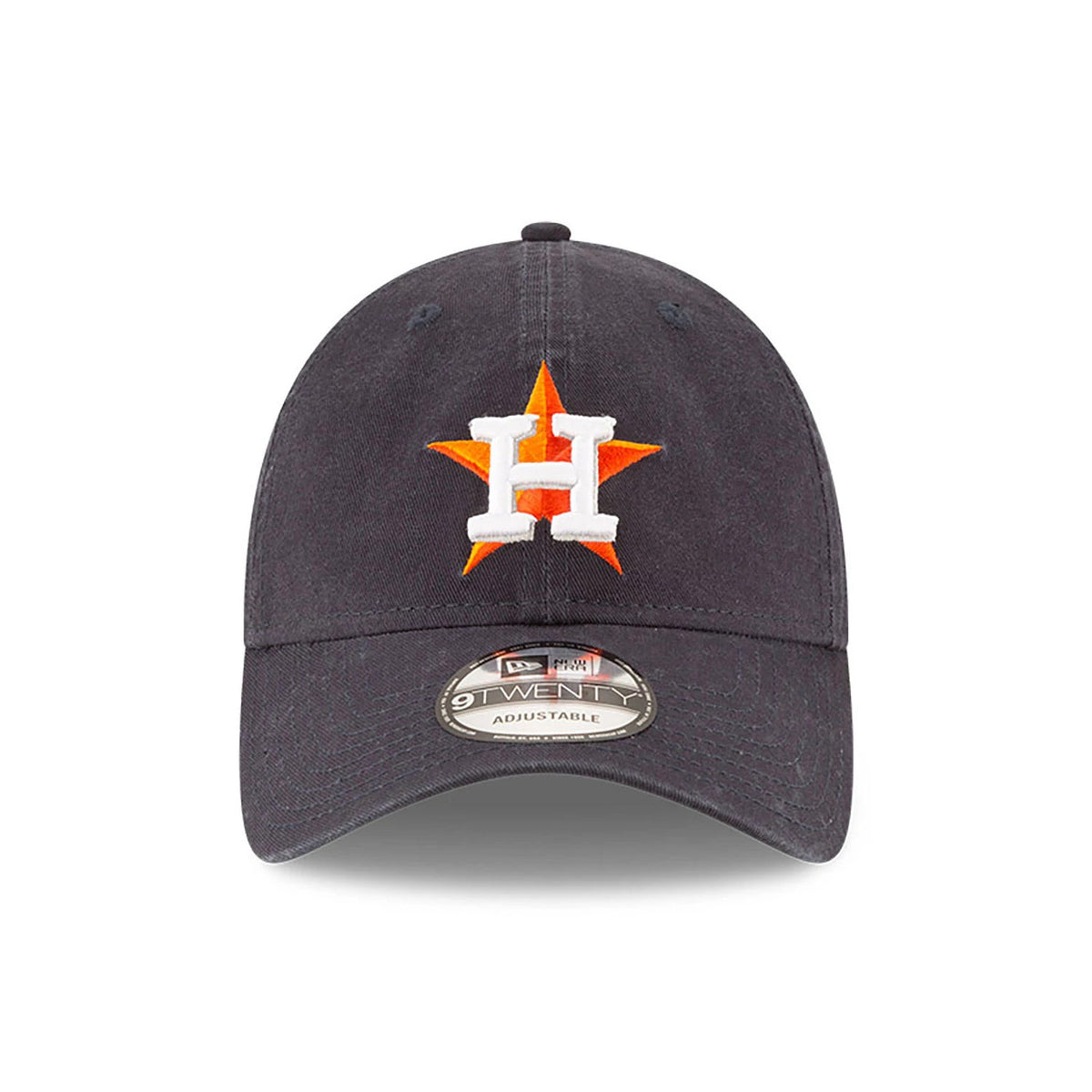 Houston Astros MLB Core Classic Blue New Era 9TWENTY Adjustable Cap, front view with a raised white H logo on an orange star on the front panel, curved visor and 9TWENTY size sticker on the top.