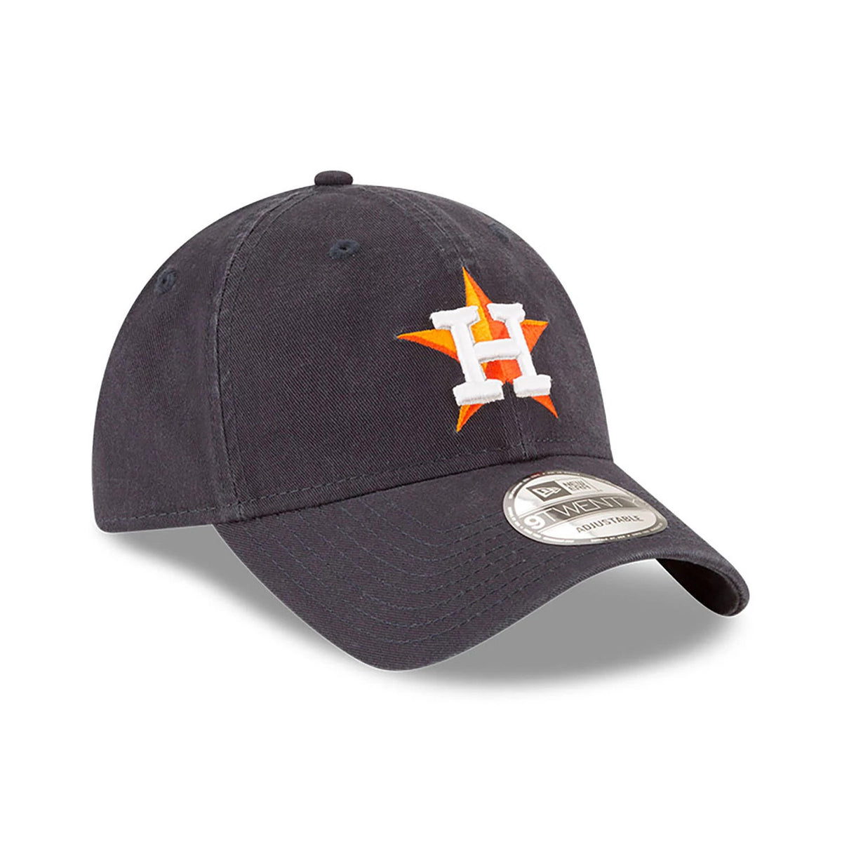 Houston Astros MLB Core Classic Blue New Era 9TWENTY Adjustable Cap, three-quarter view showing the orange star and white H logo embroidered on the front panel, with a 9TWENTY size sticker on the curved visor.