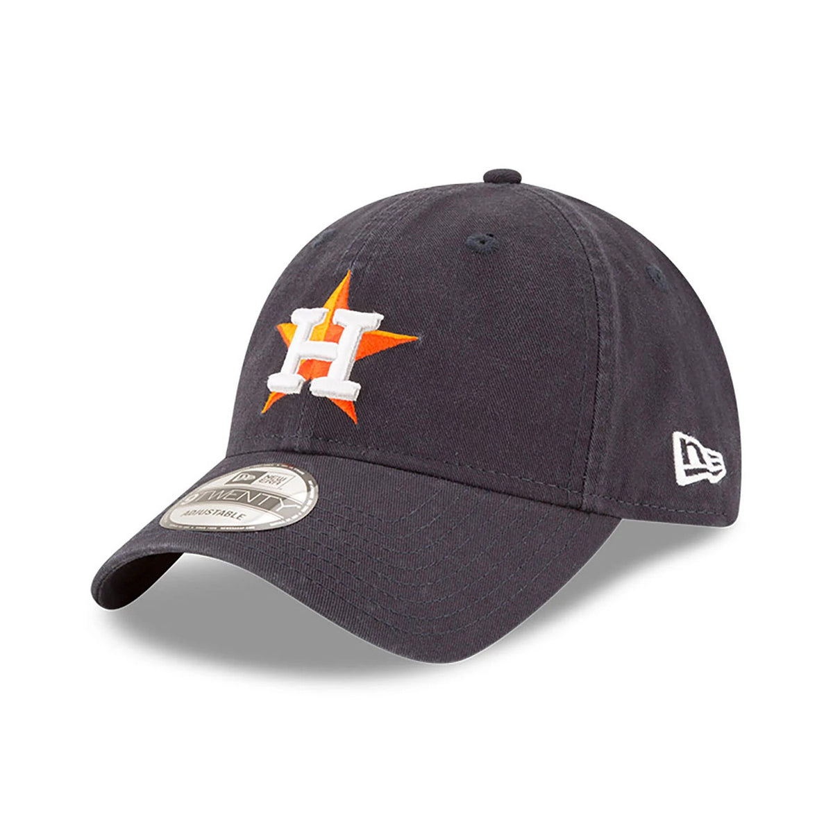 Houston Astros MLB Core Classic Blue New Era 9TWENTY Adjustable Cap, three-quarter view showing the orange and white embroidered H logo on the front panel, white New Era flag logo on the left side and 9TWENTY size sticker on the curved visor.