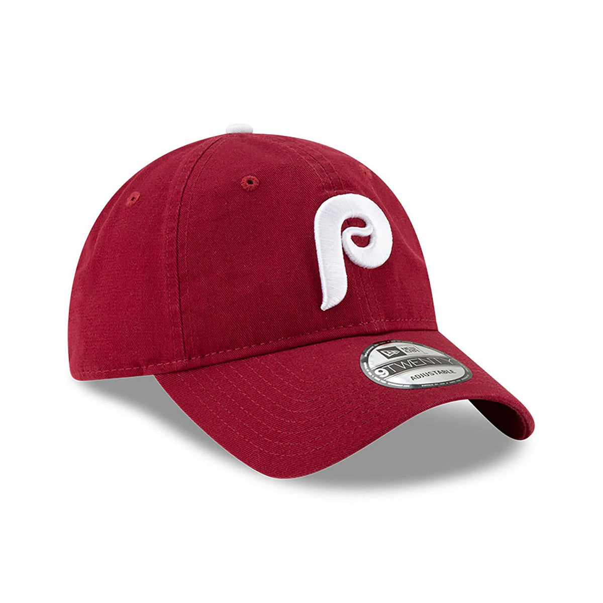 Philadelphia Phillies MLB Core Classic Red New Era 9TWENTY Adjustable Cap, front view showing raised white embroidered P logo on the front panel with a curved visor and 9TWENTY size sticker on top.