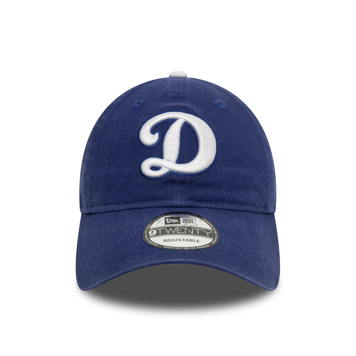 LA Dodgers MLB Core Classic Blue New Era 9TWENTY Adjustable Cap, front view showing a raised white embroidered D logo on the centre front panel with a curved visor and a 9TWENTY size sticker on top.
