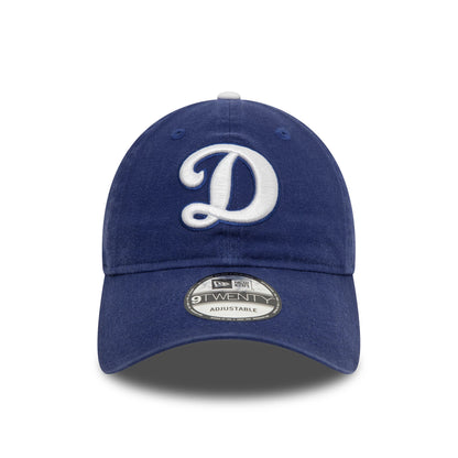 LA Dodgers MLB Core Classic Blue New Era 9TWENTY Adjustable Cap, front view showing a raised white embroidered D logo on the centre front panel with a curved visor and a 9TWENTY size sticker on top.
