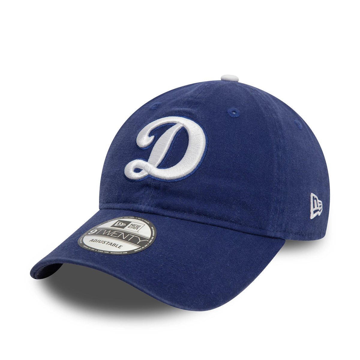 LA Dodgers MLB Core Classic Blue New Era 9TWENTY Adjustable Cap, three-quarter view showing white raised embroidery of the D logo on the front panel, a New Era flag logo on the left side, and a 9TWENTY size sticker on the visor.