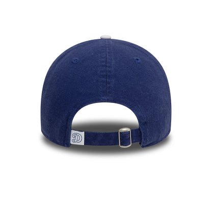 LA Dodgers MLB Core Classic Blue New Era 9TWENTY Adjustable Cap, rear view showing the metal adjustable clasp and embroidered D logo tag on the blue strap, with a white top button on the unstructured crown.