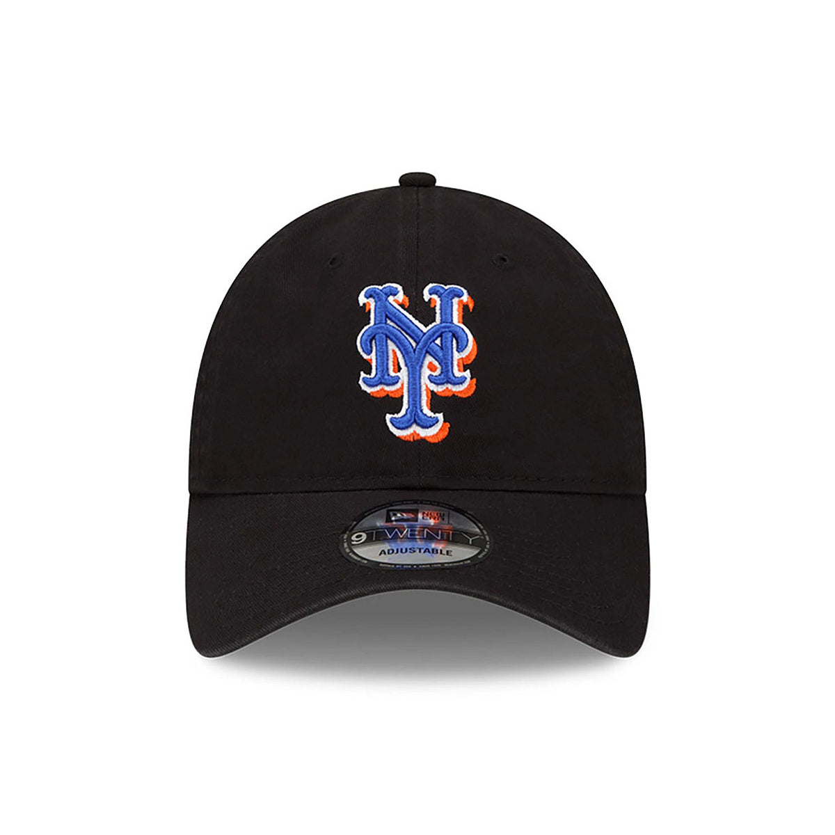 New York Mets MLB Core Classic Black New Era 9TWENTY Adjustable Cap, front view showing the blue and orange raised embroidered NY logo on the front panel, black visor with a 9TWENTY size sticker.