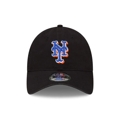 New York Mets MLB Core Classic Black New Era 9TWENTY Adjustable Cap, front view showing the blue and orange raised embroidered NY logo on the front panel, black visor with a 9TWENTY size sticker.