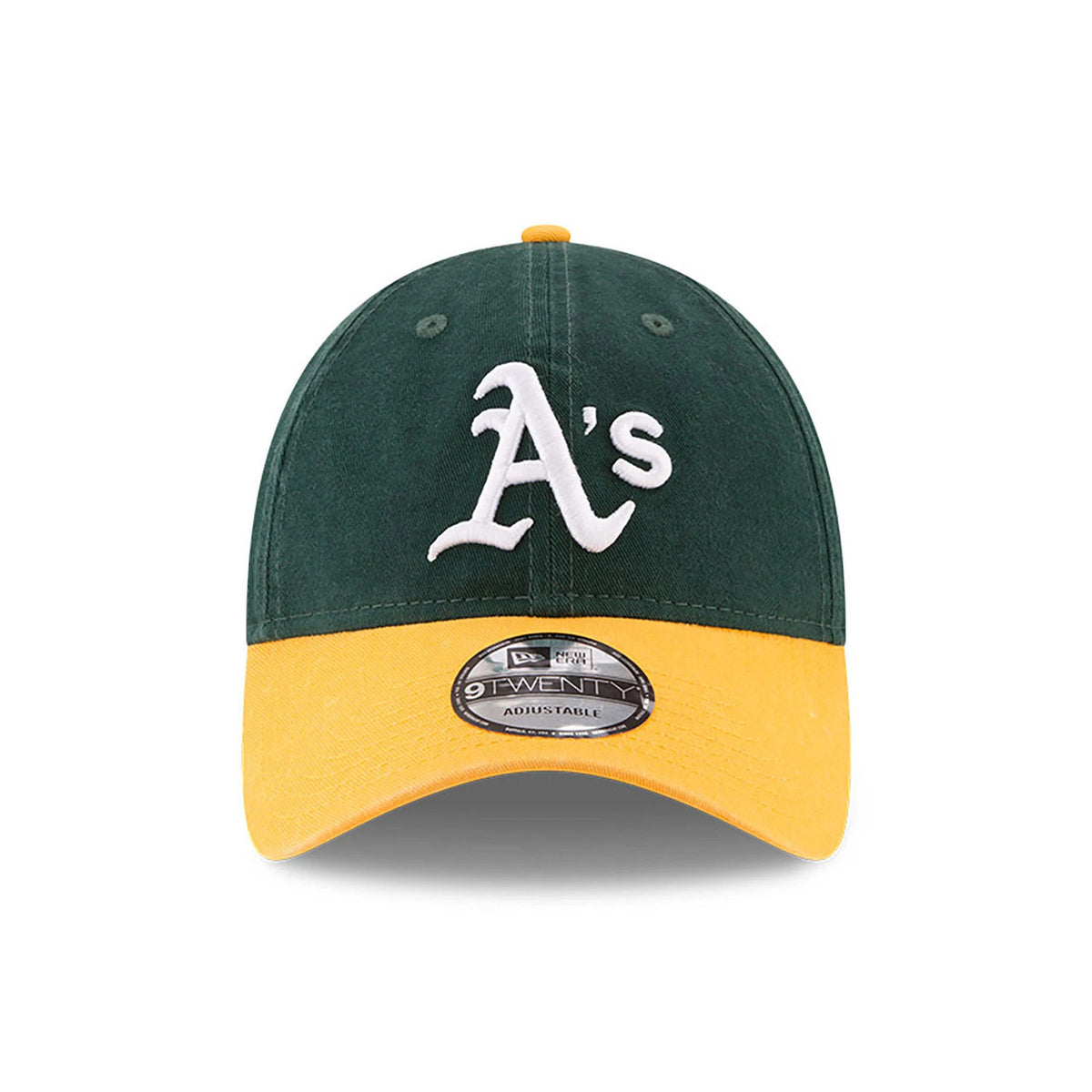 Athletics MLB Core Classic Dark Green and Yellow New Era 9TWENTY Adjustable Cap, front view showing the white raised embroidered A's logo on the structured dark green crown and a yellow curved visor with 9TWENTY size sticker.