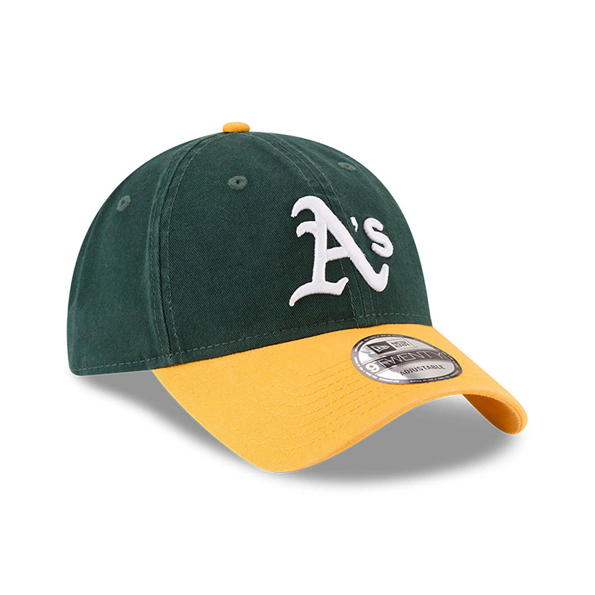 Athletics MLB Core Classic Dark Green and Yellow New Era 9TWENTY Adjustable Cap, front view showing the white embroidered A's logo on the dark green crown, with a yellow visor and 9TWENTY size sticker on top.