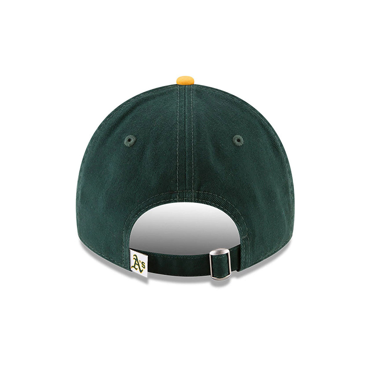 Athletics MLB Core Classic Dark Green and Yellow New Era 9TWENTY Adjustable Cap, rear view showing the A's logo on the strap tag, yellow top button, and arched opening with adjustable buckle for a customized fit.