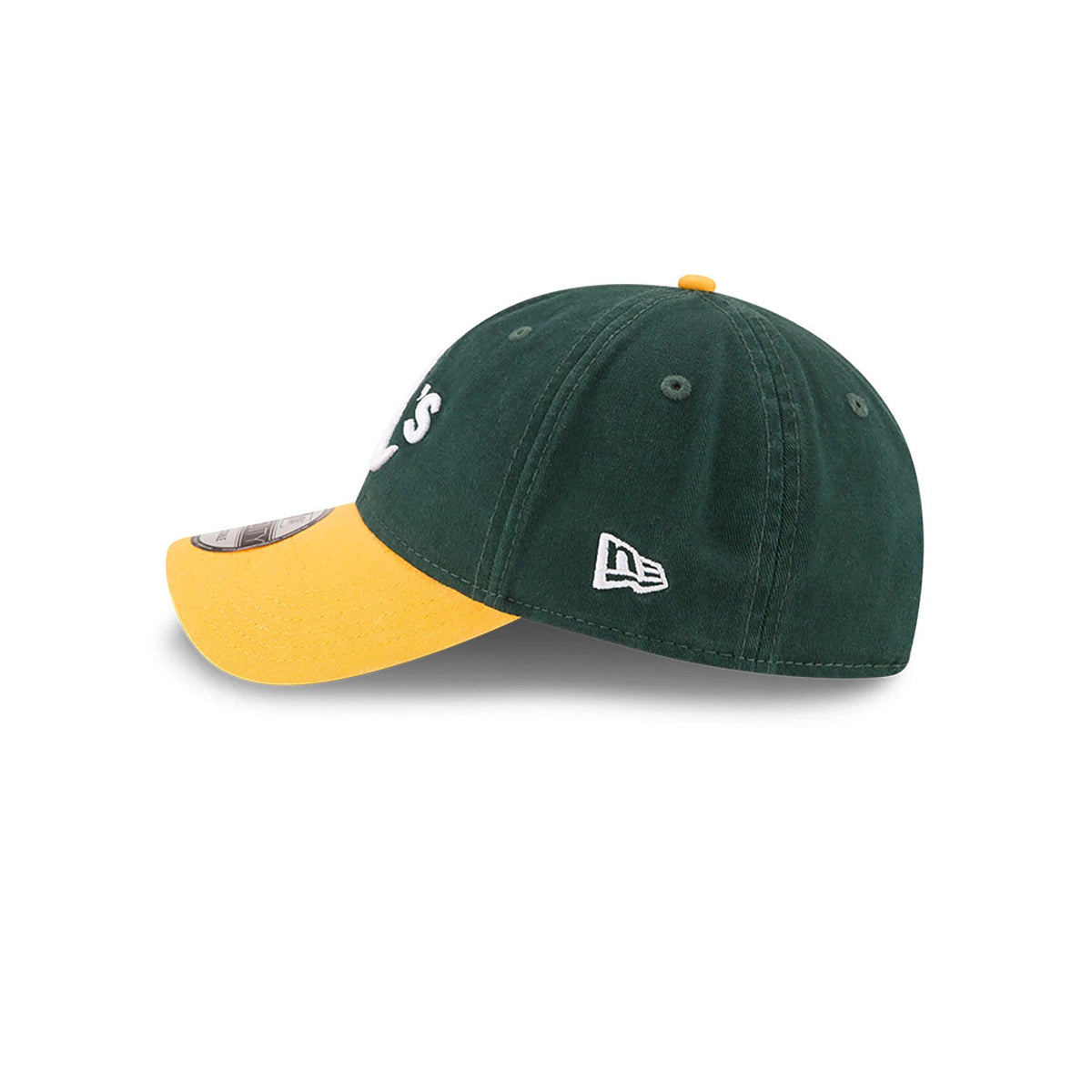 Athletics MLB Core Classic Dark Green and Yellow New Era 9TWENTY Adjustable Cap, side view with white New Era flag logo on the left side, dark green crown, yellow visor, and structured low-profile fit.