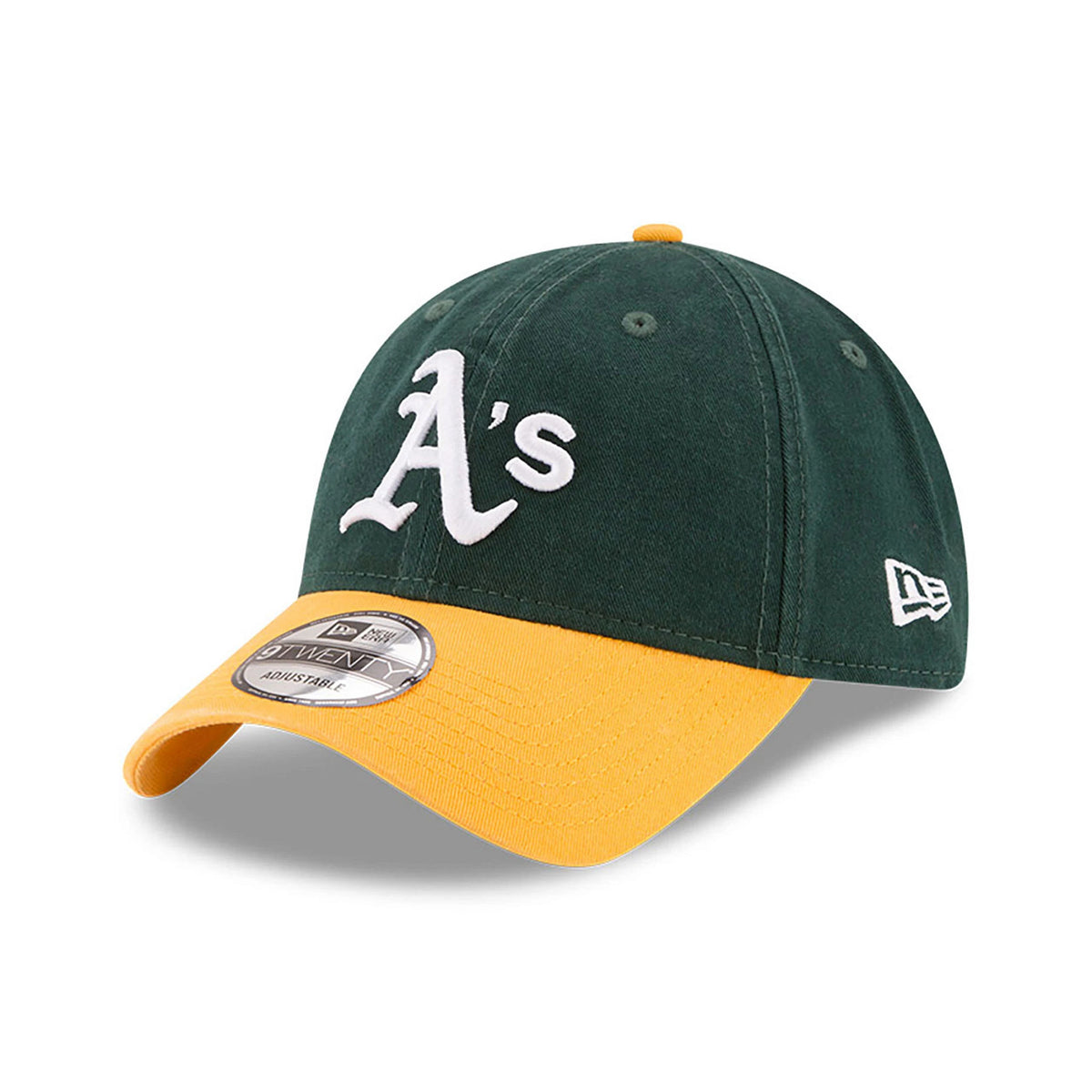 Athletics MLB Core Classic Dark Green and Yellow New Era 9TWENTY Adjustable Cap, front view with a raised white A's logo on the dark green crown, New Era flag logo on the left side, and a yellow visor with a 9TWENTY size sticker.