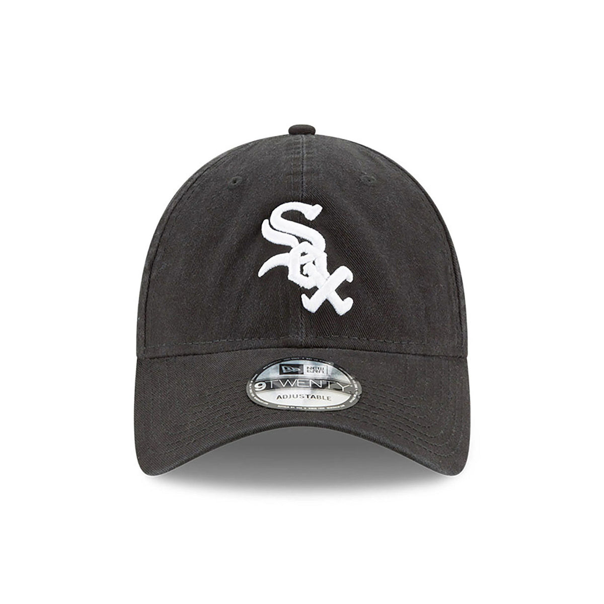 Chicago White Sox MLB Core Classic Black New Era 9TWENTY Adjustable Cap, front view showing the raised white embroidered Sox logo on the unstructured black crown, with a 9TWENTY size sticker on the curved visor.