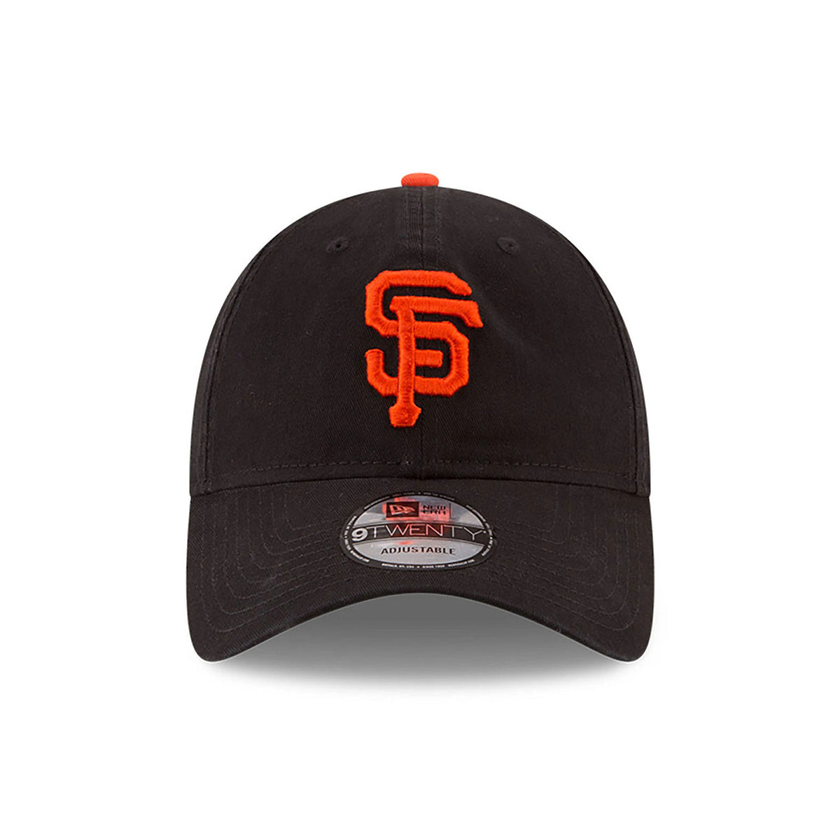 San Francisco Giants MLB Core Classic Black New Era 9TWENTY Adjustable Cap, front view showing orange embroidered SF logo on the front panel and the 9TWENTY size sticker on the curved visor.