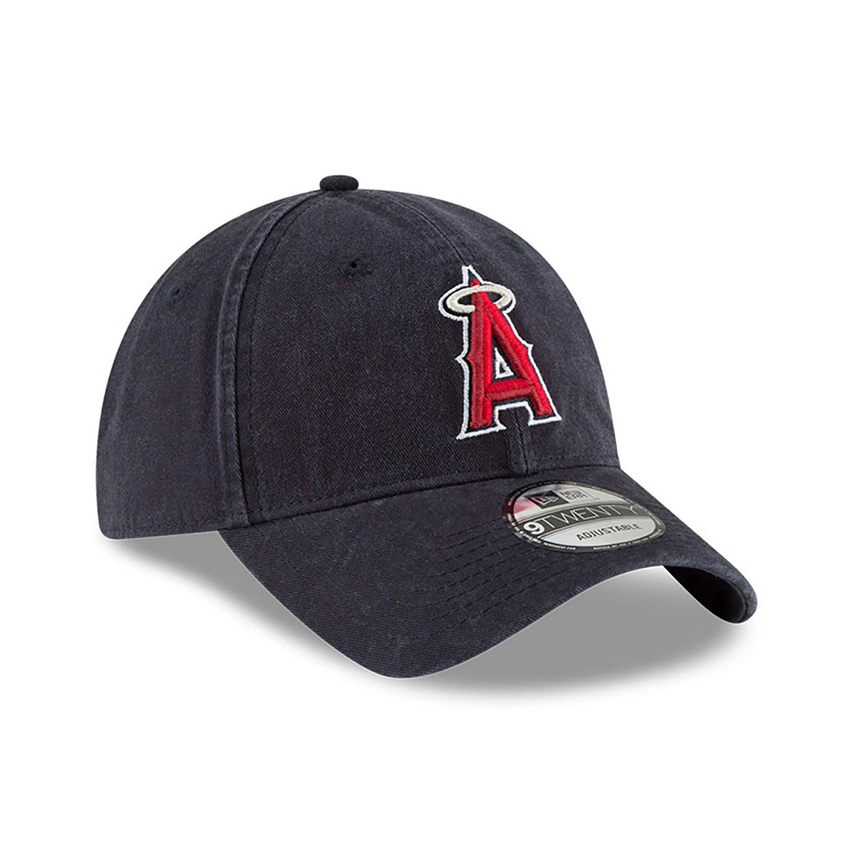 LA Angels MLB Core Classic Navy New Era 9TWENTY Adjustable Cap, three-quarter view showing the raised embroidered red A logo with a white outline on the front panel, curved visor and a 9TWENTY size sticker.