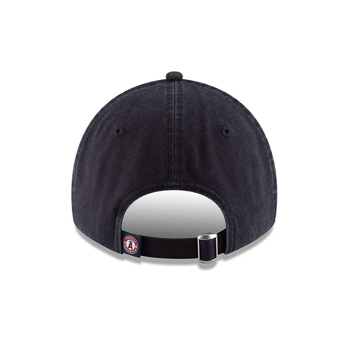 LA Angels MLB Core Classic Navy New Era 9TWENTY Adjustable Cap, rear view showing the adjustable strap with silver buckle, navy crown, and embroidered LA Angels circle logo on the strap end.