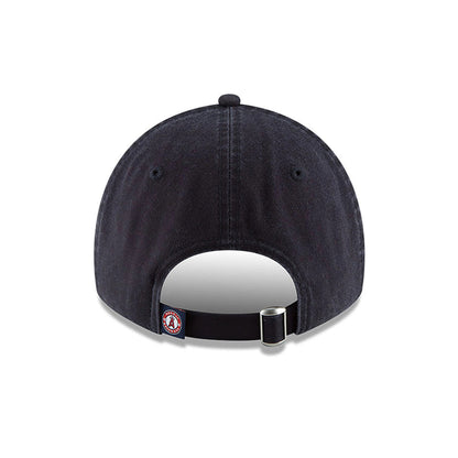 LA Angels MLB Core Classic Navy New Era 9TWENTY Adjustable Cap, rear view showing the adjustable strap with silver buckle, navy crown, and embroidered LA Angels circle logo on the strap end.