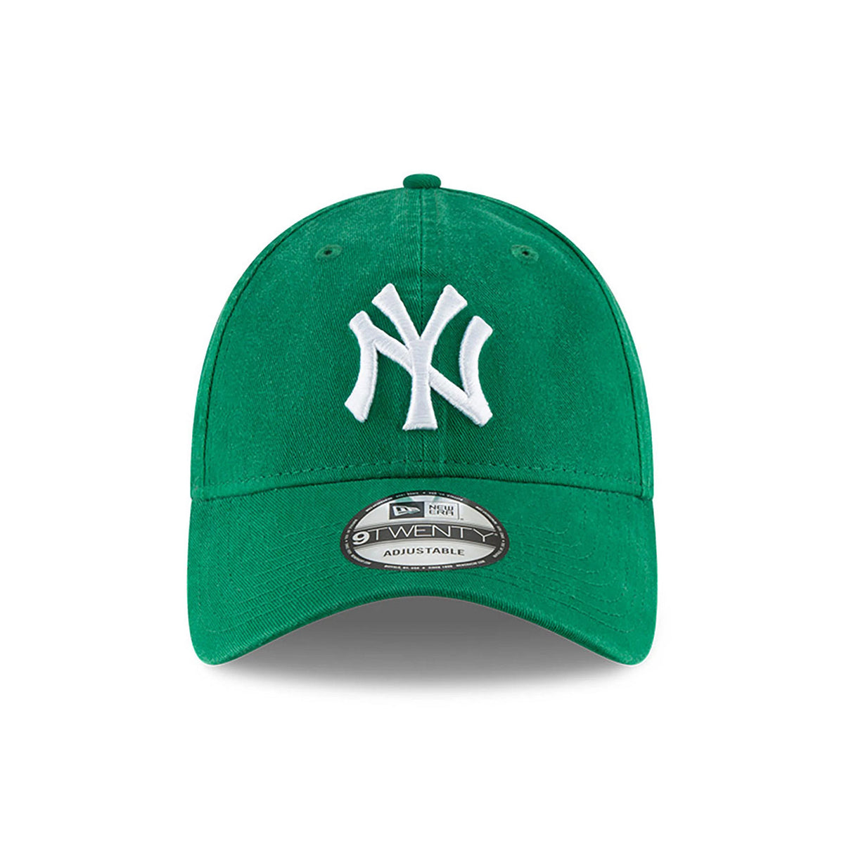 New York Yankees MLB Core Classic Green New Era 9TWENTY Adjustable Cap, front view showing the raised white NY logo embroidered on the structured green front panel and a 9TWENTY size sticker on the green visor.