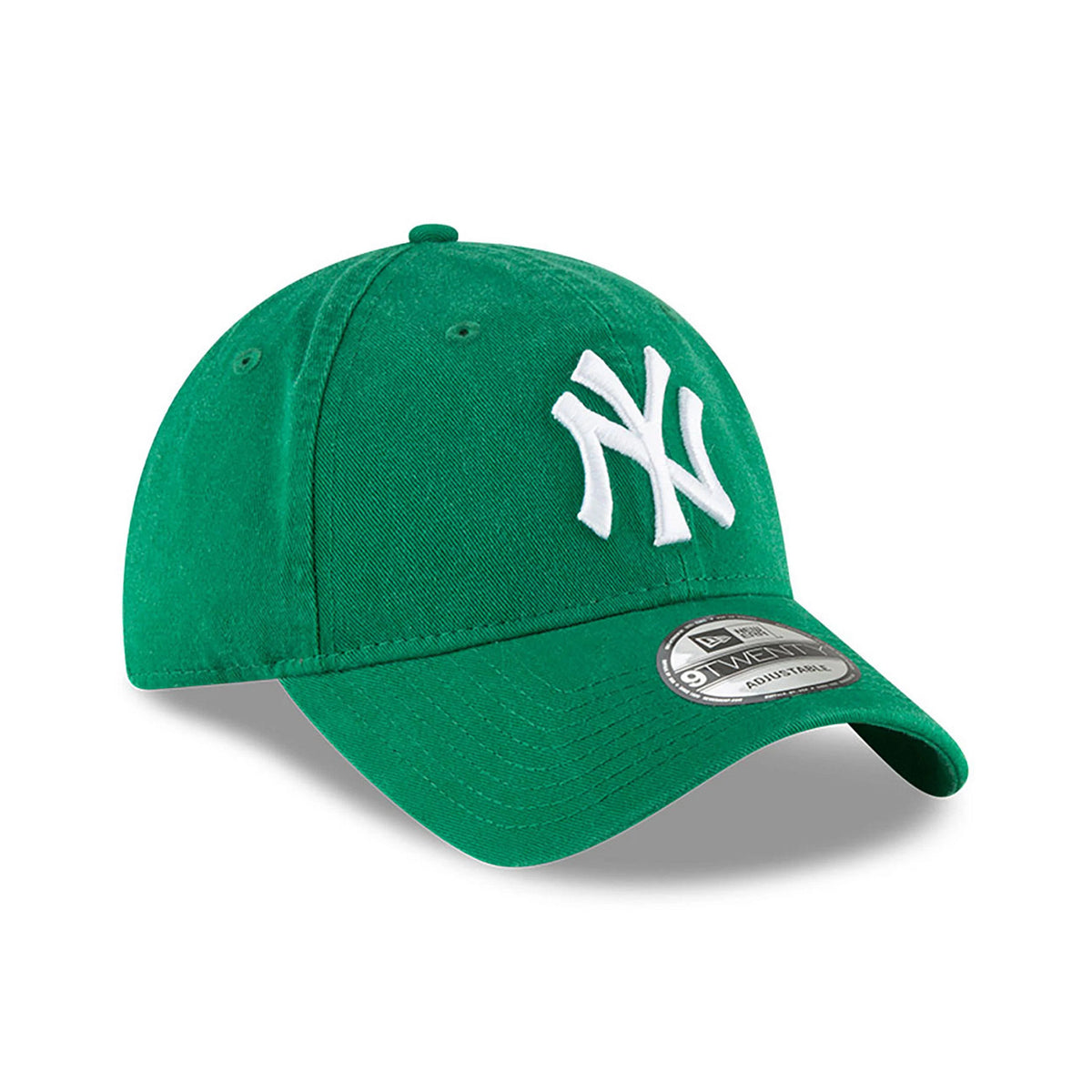 New York Yankees MLB Core Classic Green New Era 9TWENTY Adjustable Cap, three-quarter view showing the white raised embroidered NY logo on the front panel, with a 9TWENTY size sticker on the green curved visor.
