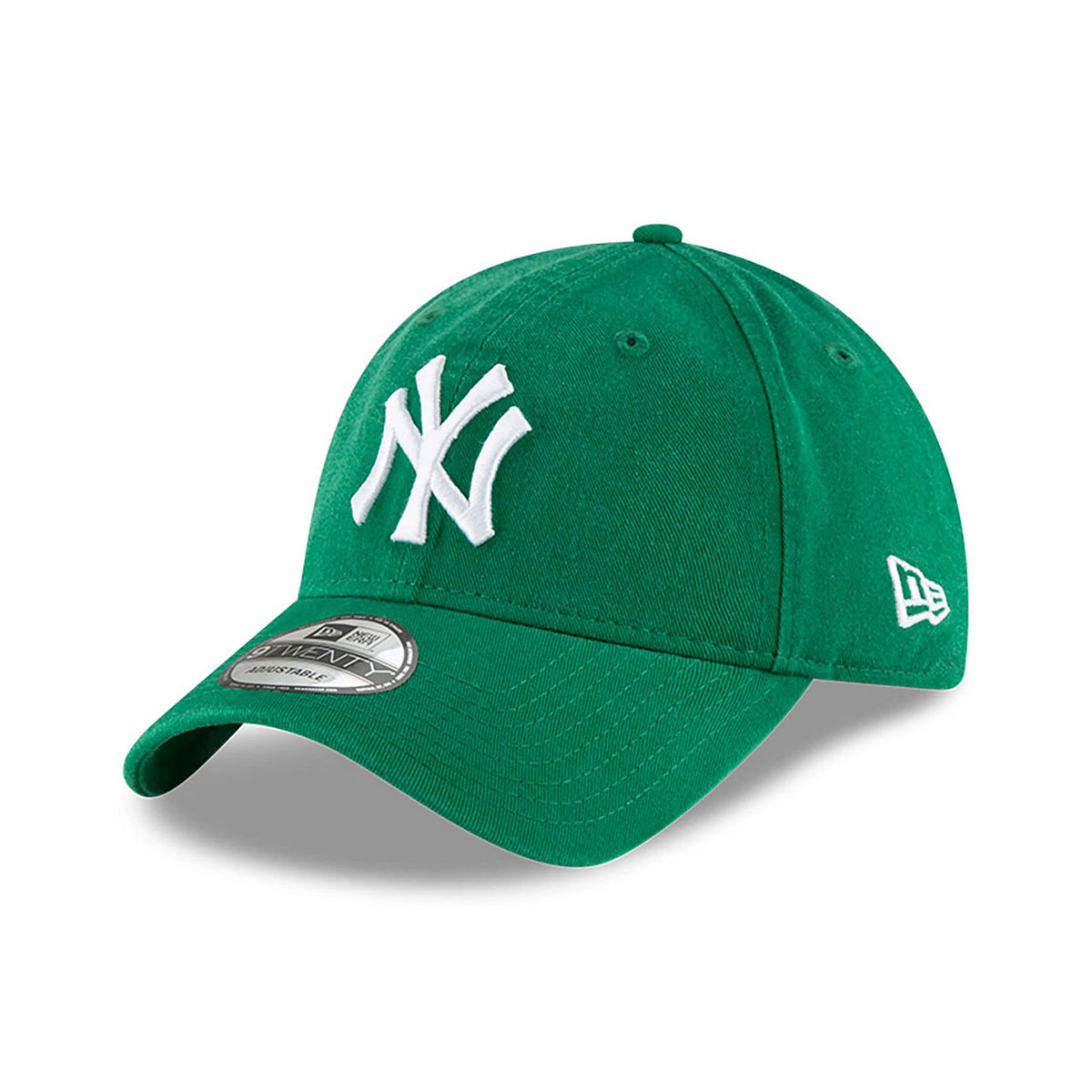 New York Yankees MLB Core Classic Green New Era 9TWENTY Adjustable Cap, three-quarter view with raised white NY logo embroidered on the front panel, curved visor with 9TWENTY size sticker, and New Era flag logo on the left side.