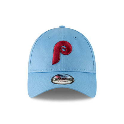 Philadelphia Phillies MLB Core Classic Pastel Blue New Era 9TWENTY Adjustable Cap, front view showing the red embroidered Phillies logo on the front panel above the 9TWENTY size sticker on the curved visor.