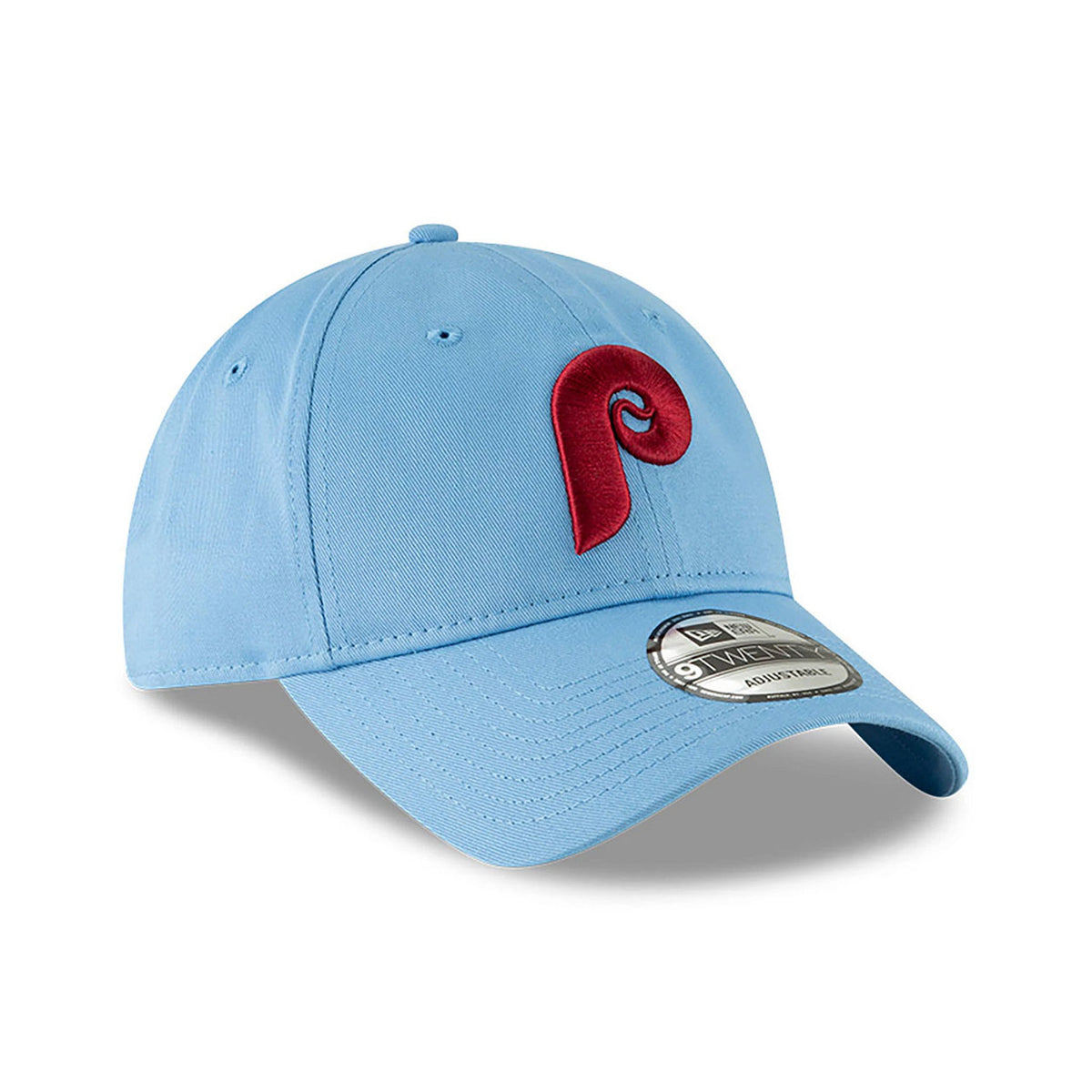 Philadelphia Phillies MLB Core Classic Pastel Blue New Era 9TWENTY Adjustable Cap, three-quarter view showing a raised red embroidered P logo on the front panel, pastel blue structured crown, and a 9TWENTY size sticker on the visor.