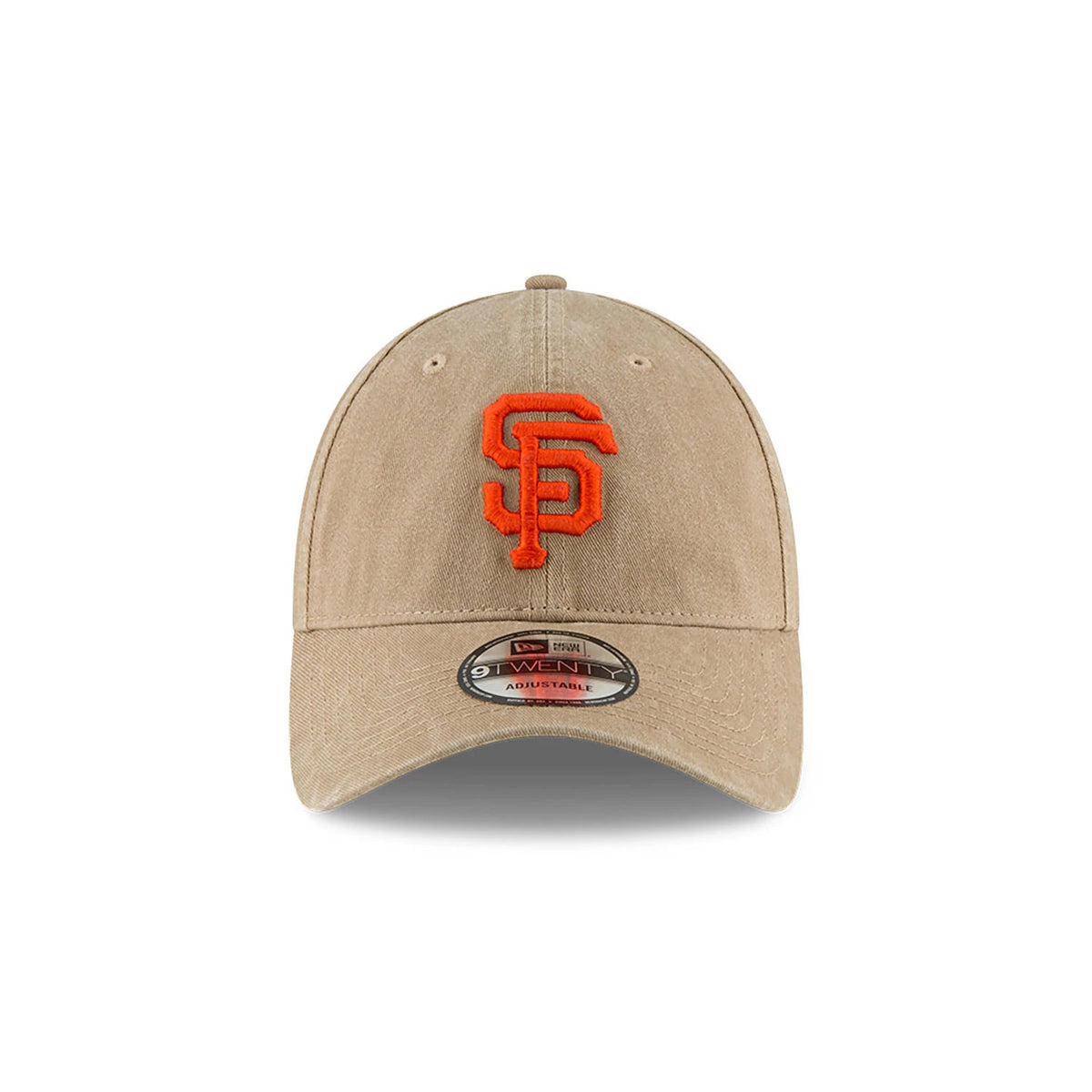 San Francisco Giants MLB Core Classic Beige New Era 9TWENTY Adjustable Cap, front view showing the flat embroidered orange SF logo on the front panel with a curved visor and centred 9TWENTY size sticker.