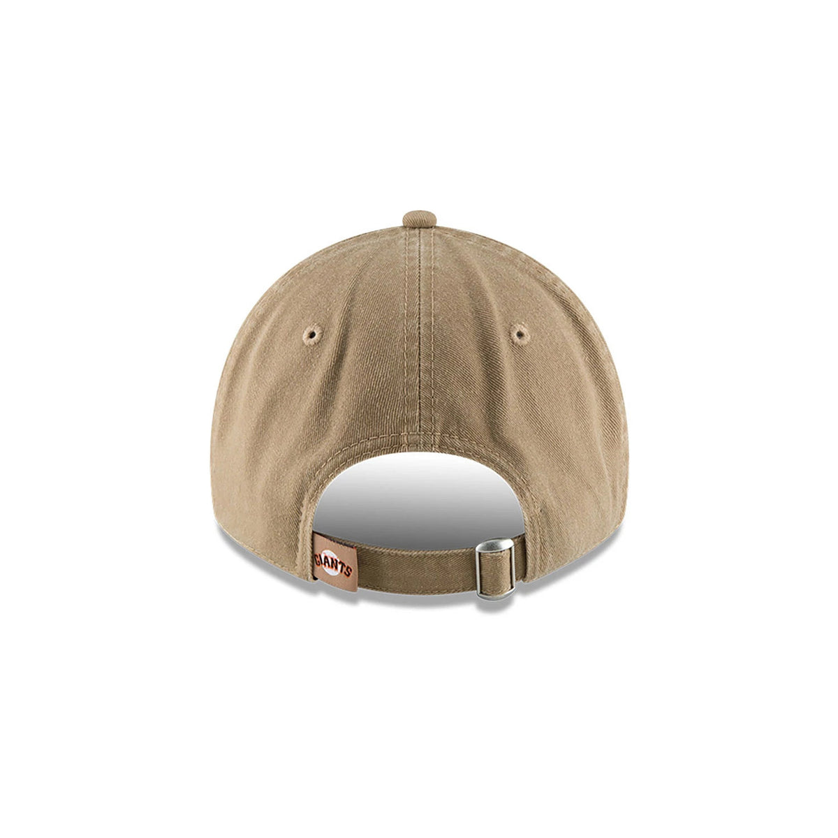 San Francisco Giants MLB Core Classic Beige New Era 9TWENTY Adjustable Cap, rear view showing the Giants wordmark embroidered on the beige fabric strap above a silver buckle, centred on the unstructured crown.