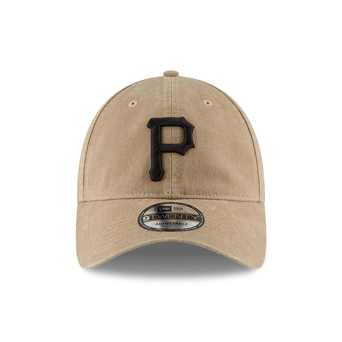 Pittsburgh Pirates MLB Core Classic Beige New Era 9TWENTY Adjustable Cap, front view showing raised black P logo on the front panel with matching eyelets and a 9TWENTY size sticker centred on the curved visor.