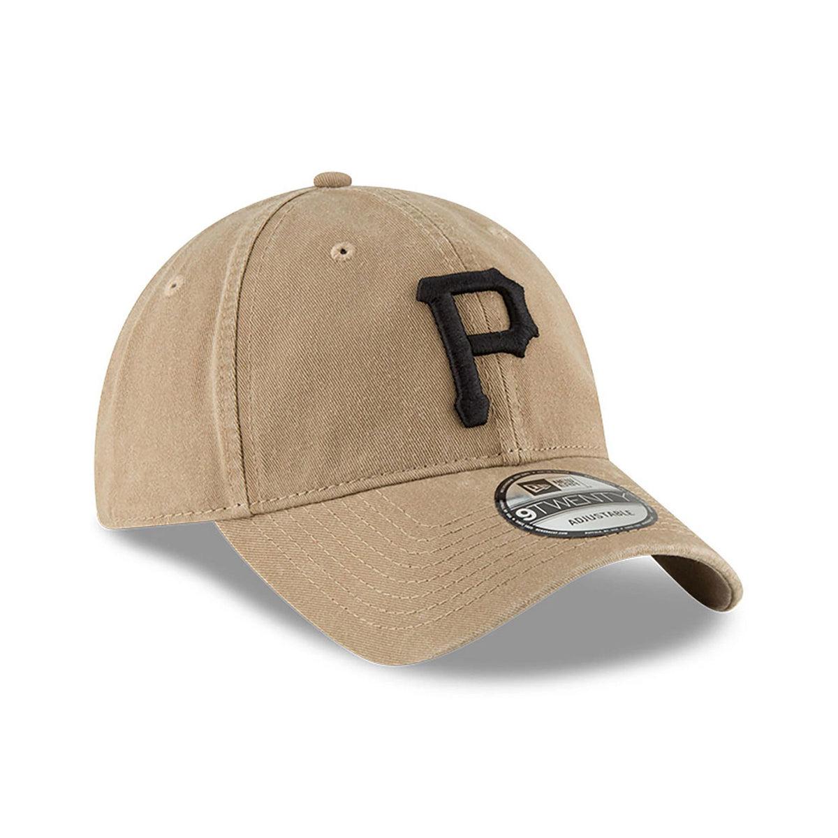 Pittsburgh Pirates MLB Core Classic Beige New Era 9TWENTY Adjustable Cap, front view with a black raised embroidered P logo on the front panel, curved beige visor and 9TWENTY size sticker on top.