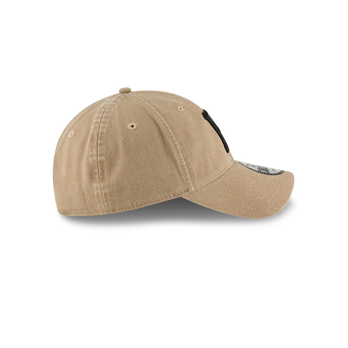 Pittsburgh Pirates MLB Core Classic Beige New Era 9TWENTY Adjustable Cap, side view showing the black raised embroidered P logo on the front panel, with a curved visor and 9TWENTY size sticker on the beige crown.