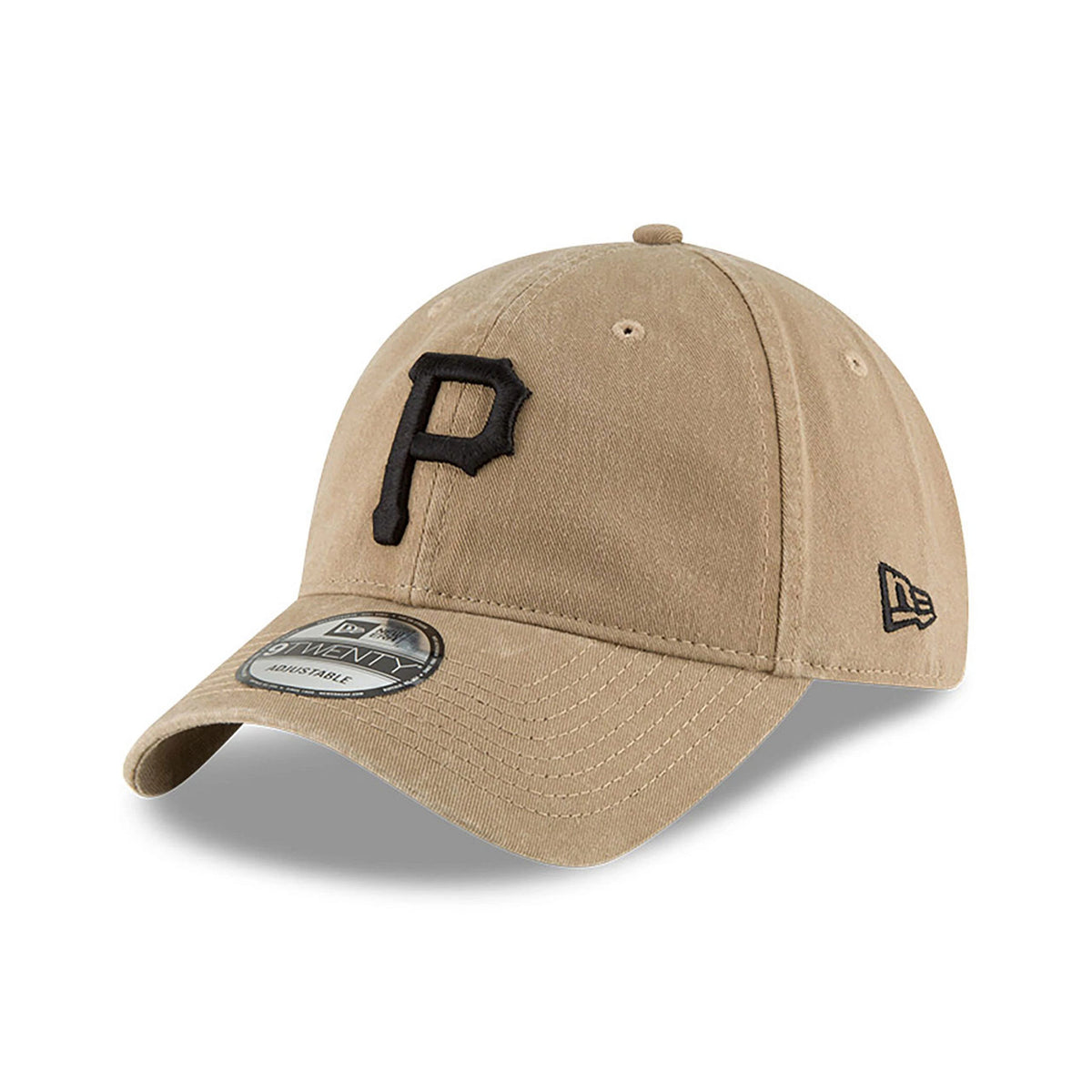 Pittsburgh Pirates MLB Core Classic Beige New Era 9TWENTY Adjustable Cap, three-quarter view with a black embroidered P logo on the front panel, curved visor with 9TWENTY size sticker, and New Era flag logo on the left side.