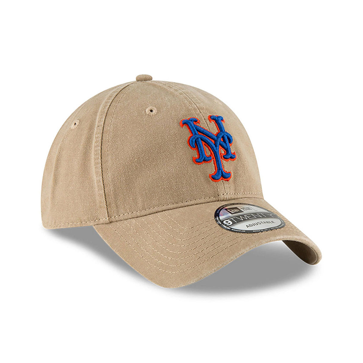 New York Mets MLB Core Classic Beige New Era 9TWENTY Adjustable Cap, three-quarter view showing the raised blue Mets logo with orange outline on the front panel, beige curved visor, and 9TWENTY size sticker.