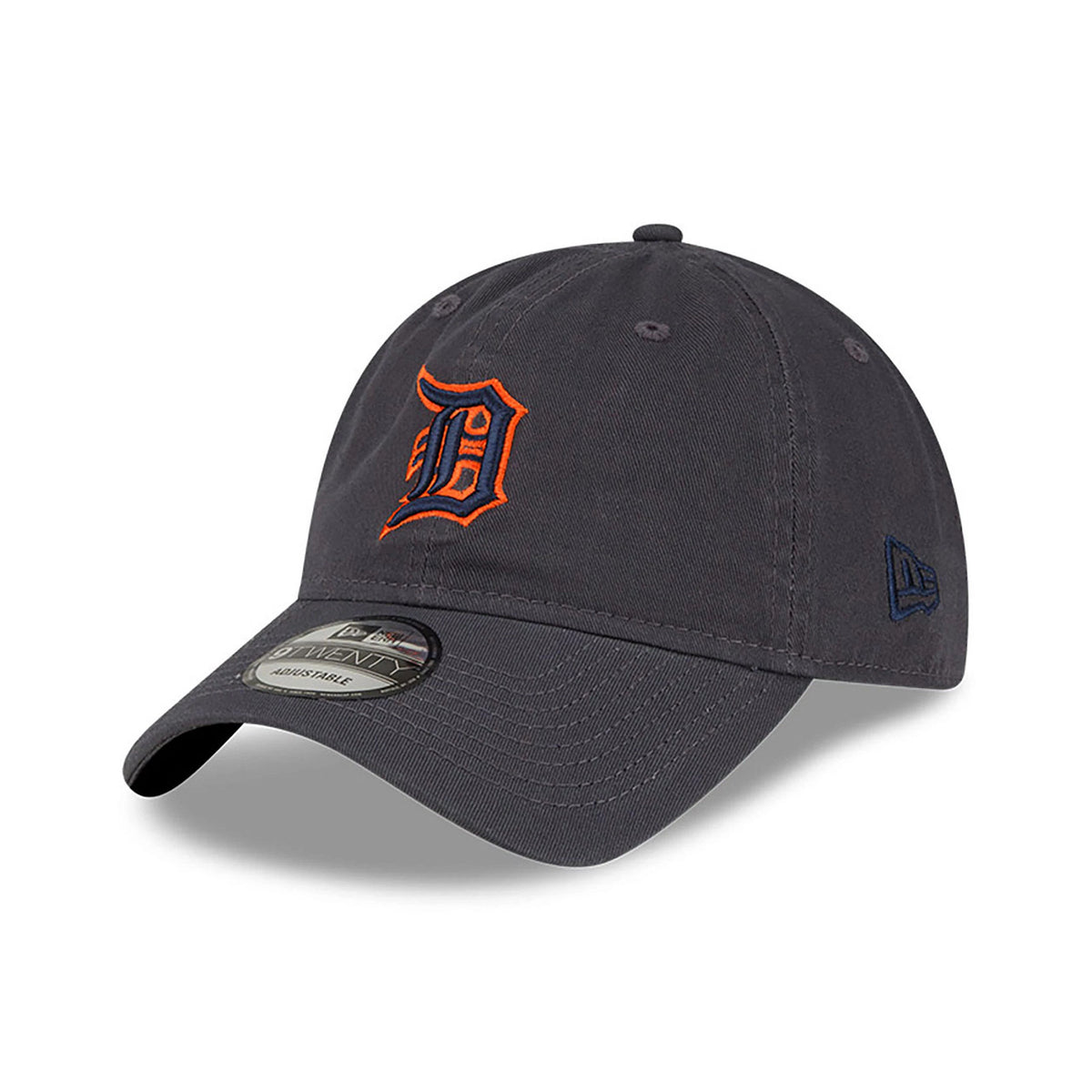 Detroit Tigers MLB Core Classic Dark Grey New Era 9TWENTY Adjustable Cap, three-quarter view showing the orange embroidered D logo on the front panel, curved visor with the 9TWENTY size sticker, and the New Era flag logo on the left side.
